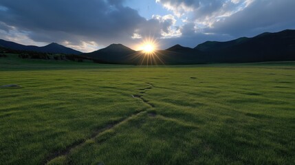 Obraz premium Golden sunburst rising over distant mountains illuminates a winding path through a vast green meadow.