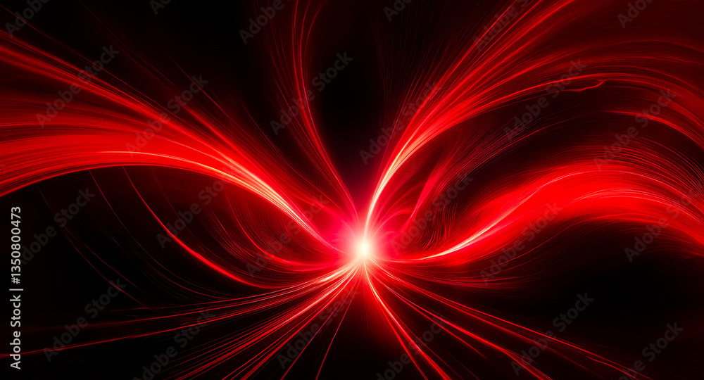 Poster radiant red beams burst from a central point against a dark backdrop, creating an abstract display o