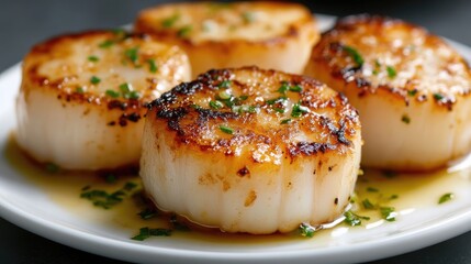 Perfectly seared scallops, glistening with butter sauce
