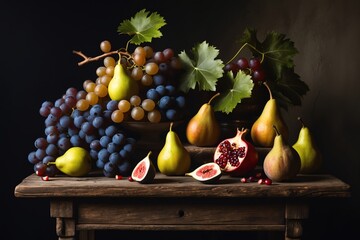 Still Life of Fruits Grapes, Pears, Figs and Pomegranate on Table