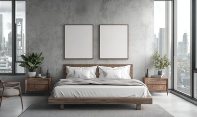 Modern bedroom design features a bed and city views through windows