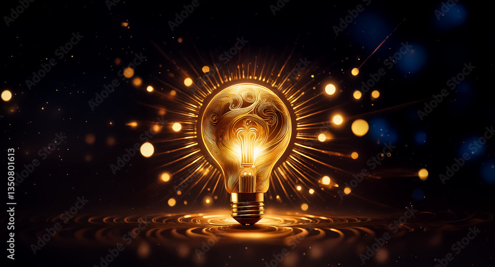 Poster a radiant lightbulb glows intensely, emitting a warm, bright light in a dark space with soft bokeh c