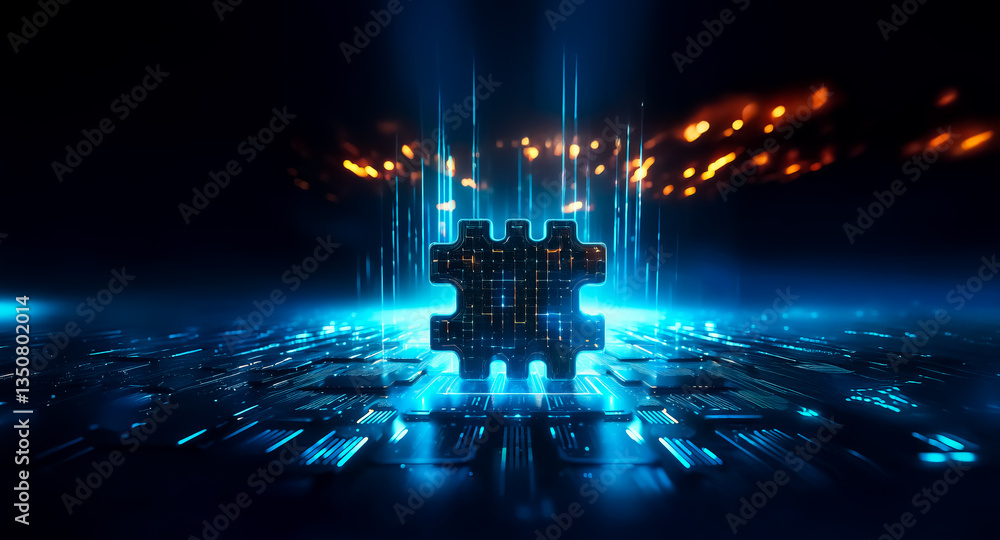 Poster futuristic glowing object emits blue light on a dark surface with orange particles. abstract shapes 
