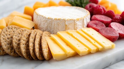 Gourmet cheese platter with crackers and fruit