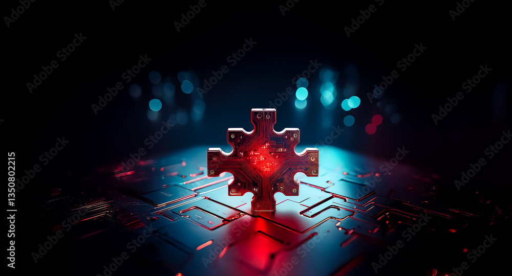 Aufkleber illuminated red puzzle piece stands on a circuit board surface in a dark environment with blue light