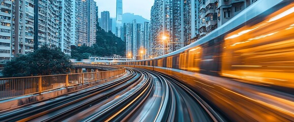 Fototapeta premium Speeding Train Through Urban Skyline at Dusk.