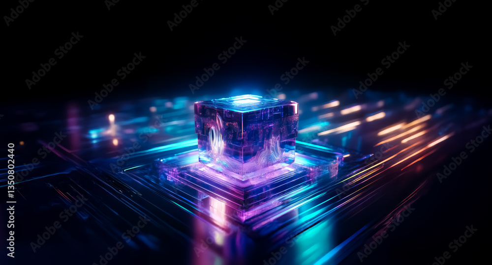 Poster a luminous cube pulses with vibrant blue and purple light, standing on a circuit-like platform. glow