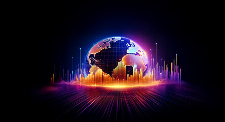 A glowing globe emerges from radiant light beams on a dark backdrop.  Digital energy pulsates, creating a futuristic, global network visualization.