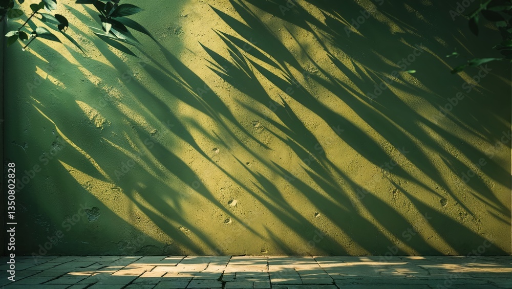 Poster shadow play on a textured green wall with natural light creating dynamic patterns in the afternoon