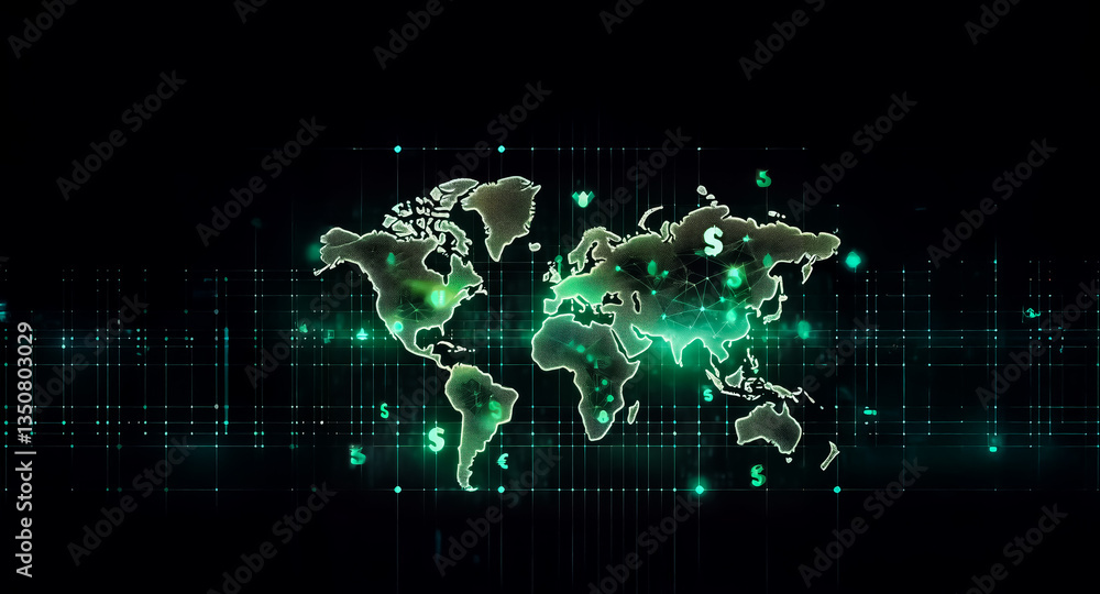 Poster digital world map with glowing green continents and dollar symbols overlaid on a dark backdrop with 