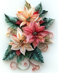 Christmas Paper Rolling Techniques Beautiful, artistic paper flowers in vibrant colors with intricate details and leafy accents.