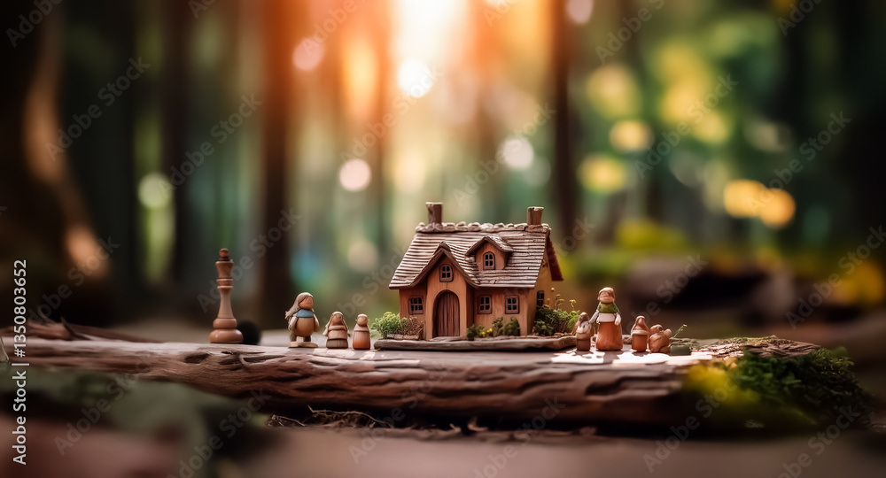 Poster a miniature house and small figures are placed on a log in a lush green forest. sunlight filters thr