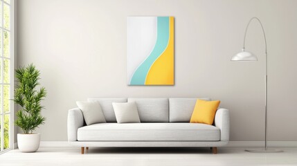 Home Decor Item Stylish wall art with abstract design, hung in a modern living room, natural light highlights the artwork colors