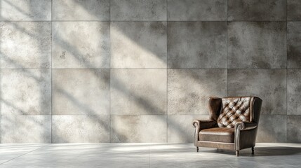 Classic brown leather armchair sits against a textured concrete wall