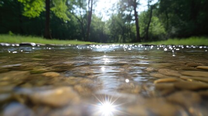 Crystal-clear stream flowing through a lush forest.  Sunlight sparkling on the water's surface