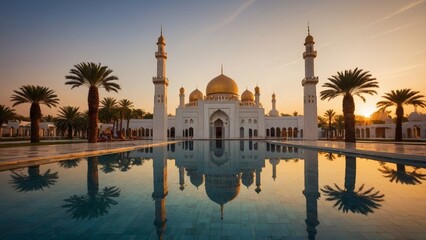 Naklejka premium Sri Sultan Omar Ali Saifuddien Mosque Reflection During Golden Sunset Hour