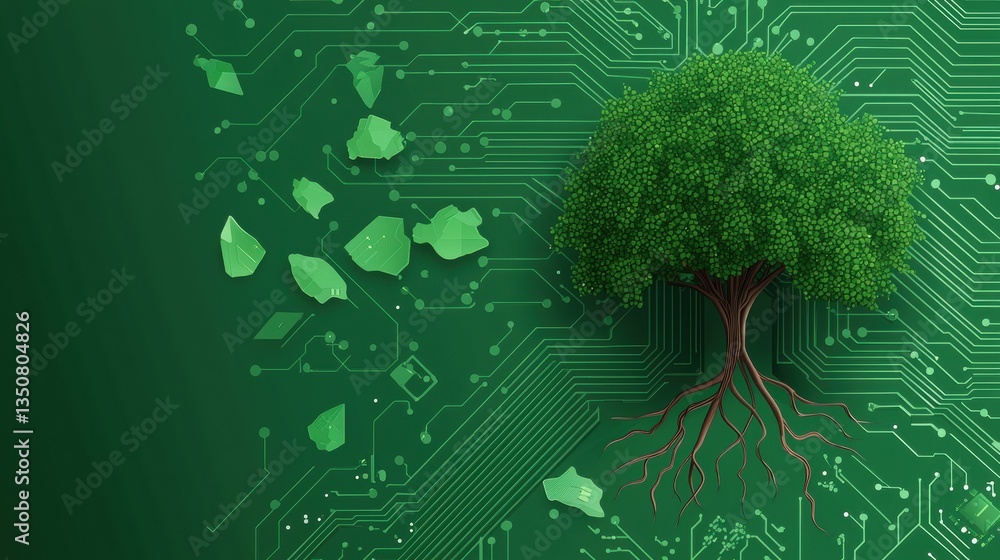 Poster innovation tree growing from circuit large tree with roots embedded in a circuit board, green landsc