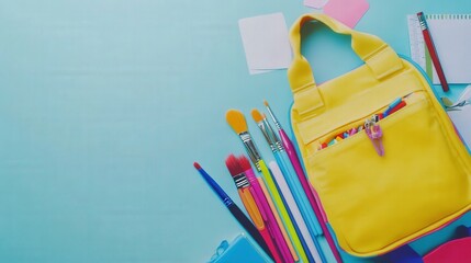 Vibrant School Bag with Art Supplies on White Background