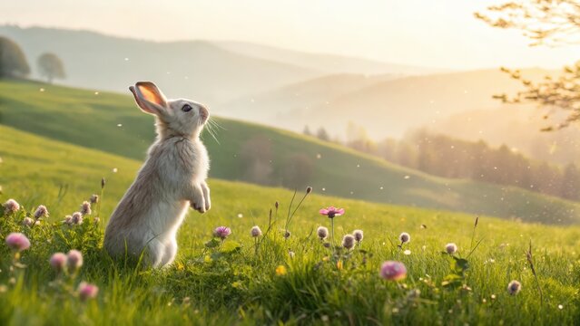 Joyful rabbit playing in a lush green meadow during golden hour nature photography serene landscape captured from a low angle perspective - Powered by Adobe