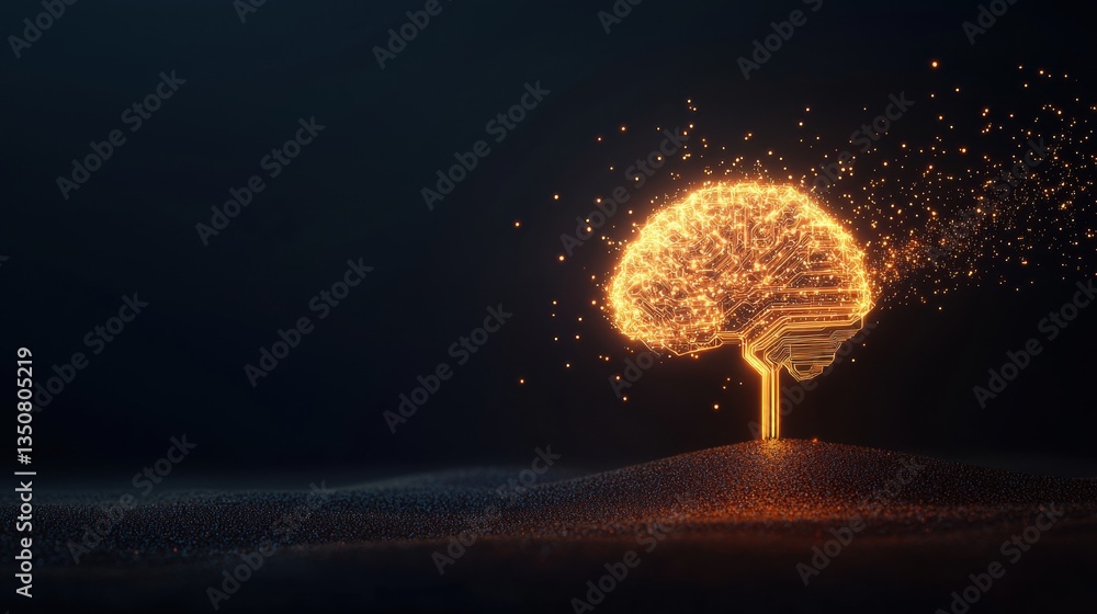Poster innovation abstract brain with circuit abstract brain made of glowing particles and lines, dark back