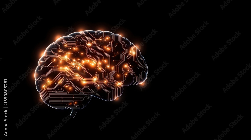 Poster innovation abstract brain with circuit close up of a circuit board forming a brain shape, dark backg