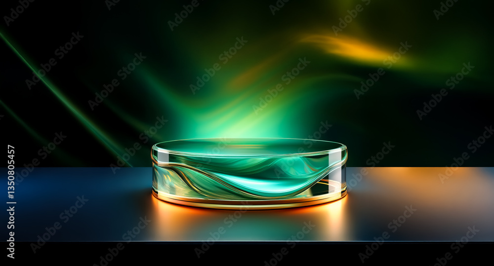 Poster abstract round transparent stage illuminated orange from below on reflective surface. dark backdrop 