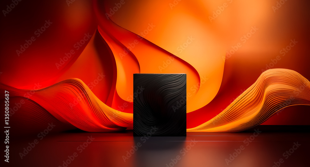 Poster dark rectangle stands prominently against a dynamic backdrop of flowing orange and red waves, creati