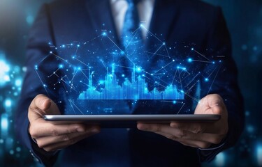 Businessman holding tablet displaying digital city network.