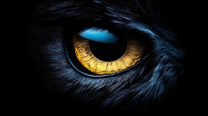 wisdom Owl Close up of an owl eye, intricate details of the iris and feathers, dark background, mysterious and captivating