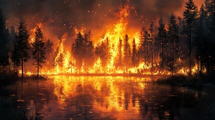 Burning forest reflected in water with glowing ember details present