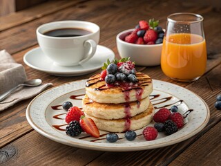 Fluffy pancakes with berries and chocolate drizzle