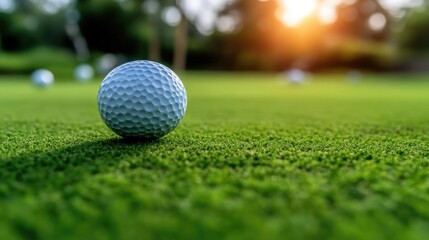 Obraz premium Golf ball on a lush green fairway at sunset