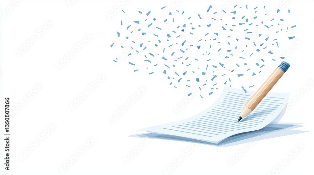 Poster pencil with paper icon animated pencil icon writing on a scrolling digital document, white backgroun