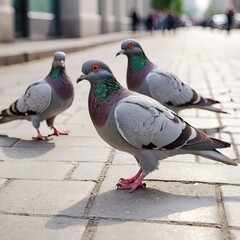 Obraz premium Three Pigeons on City Pavement