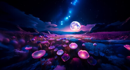 Enchanting night scene with a full moon illuminates a field of glowing flowers under a starry sky. Distant mountains complete this magical landscape.
