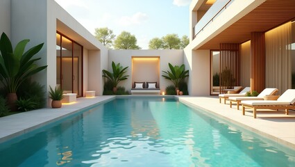 A modern home's pool area featuring lounge chairs for relaxation under a clear blue sky