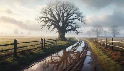 Obraz premium Misty Morning Country Road with Old Tree