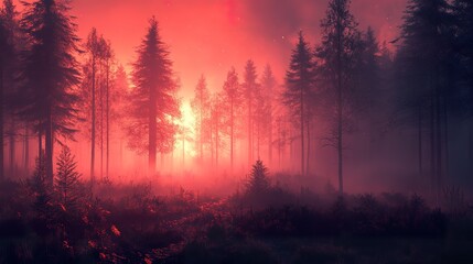 Obraz premium Forest trees in red atmospheric fog and dense undergrowth