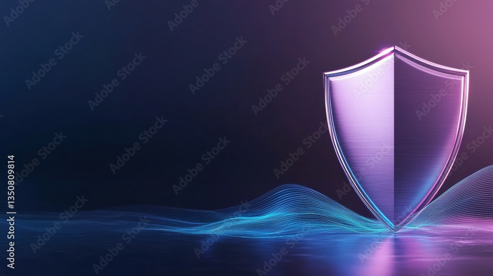 Poster security firewall and shield icon metallic shield icon with a firewall graphic, glowing blue lines r