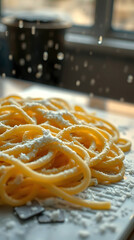 Fresh homemade noodles on white marble board, floured fresh noodles, created by generative ai