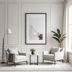 Minimalist Living Room Interior with White Armchairs and Modern Art