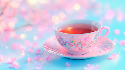 A delicate pink tea cup surrounded by blooming cherry blossoms.
