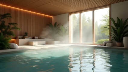 A spacious indoor swimming pool with steam rising from the water, creating a warm and inviting atmosphere