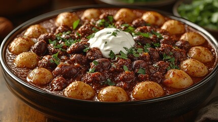 A hearty bowl of chili, topped with a dollop of sour cream and a sprinkle of fresh herbs, sits steaming on the kitchen table, ready to warm you up on a chilly day. 