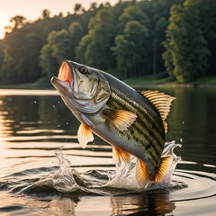 Striped Bass Leaping from Water at Sunset