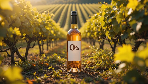 Alcohol Free Wine Bottle in Vineyard, 0% alcohol wine bottle in a vineyard at sunset.