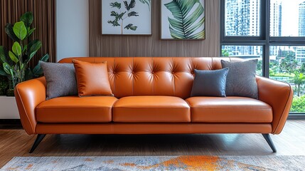 A luxurious leather sofa, its plush cushions inviting relaxation, sits against a wall adorned with framed art, creating a space for both comfort and style. 