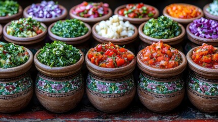 Fototapeta premium A vibrant display of various salsas and toppings in traditional clay pots for culinary enjoyment.