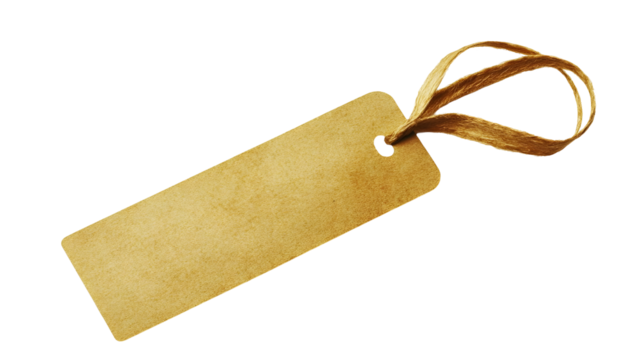Elegant brown paper tag with golden ribbon against a clean black backdrop