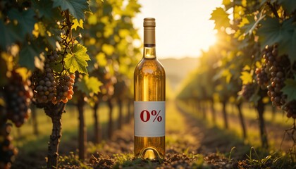 Alcohol Free Wine Bottle in Vineyard, 0% alcohol wine bottle in a vineyard at sunset.